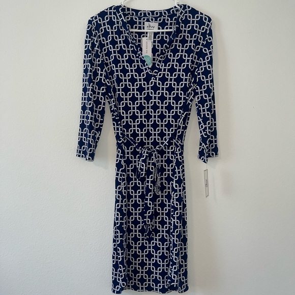 DM Collection Navy and White Chain Print Dress - Picture 1 of 6
